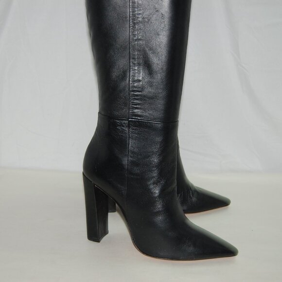 37/7❤️Alexandre Birman Black Leather Over the Knee High Heels Pointed Tall Boots